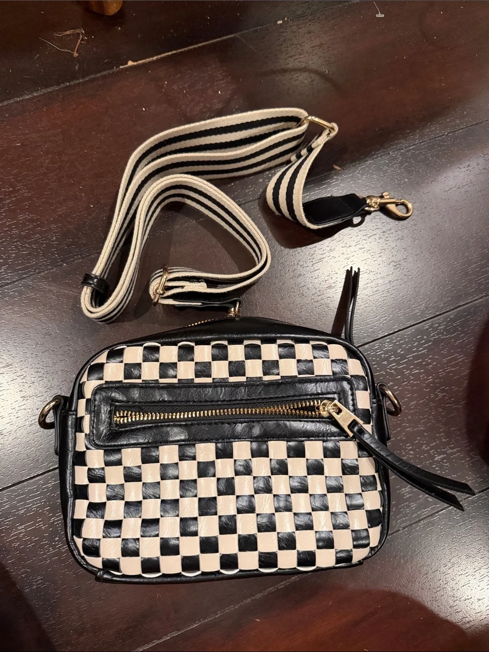 Universal Thread Black & Cream Checkered Crossbody with Striped Strap
